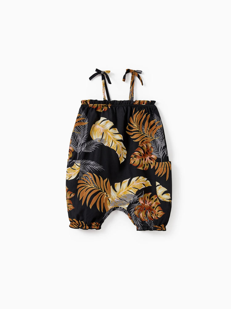 Daddy & Daughter Floral Print Beach Wear Short-sleeve Shirt or Camisole top and Wide-Leg Pants Set for Summer Vacation Family Looks Black+White