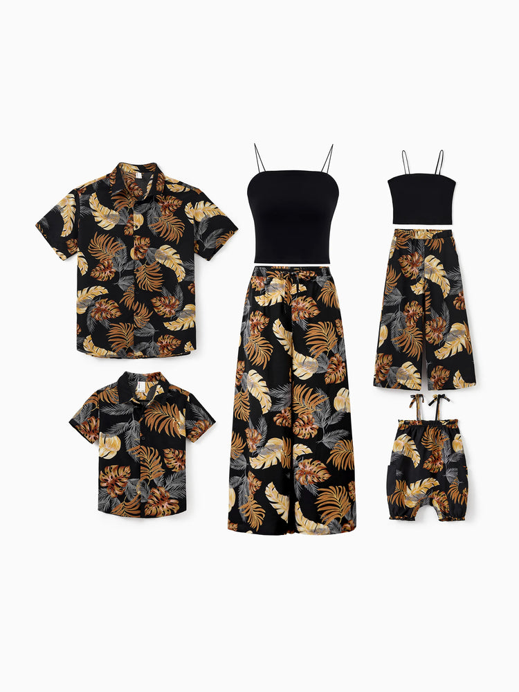 Ensemble de plage à imprimé floral assorti pour toute la famille, chemise à manches courtes ou haut caraco et pantalon large pour les vacances d'été, noir et blanc