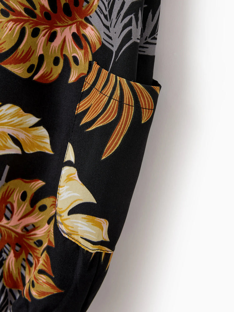 Ensemble de plage à imprimé floral assorti pour toute la famille, chemise à manches courtes ou haut caraco et pantalon large pour les vacances d'été, noir et blanc