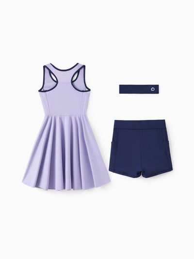 Vestido de tenis PatPat Rapidair Activewear para niña con diadema y pantalones cortos de viscosa de bambú con bolsillos en morado claro