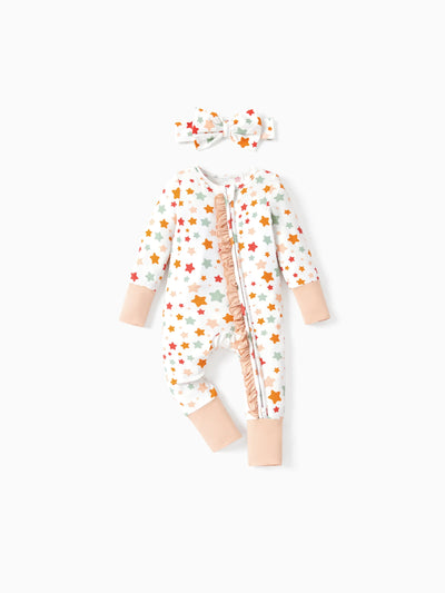 Baby long-sleeve bamboo footed onesie with two-way zipper and anti-slip grips, animal print, includes hairband, apricot.