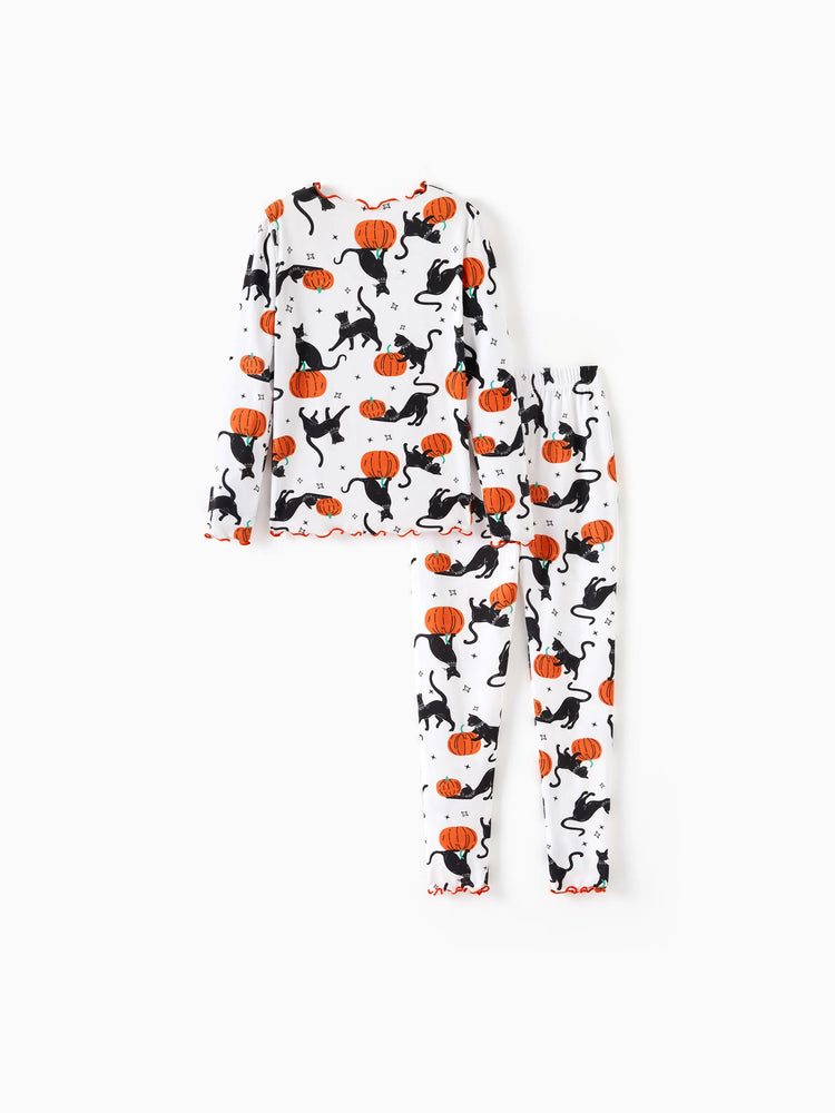 Pyjama d'Halloween 2 pièces en modal avec imprimé enfantin pour tout-petits/enfants (coupe ajustée) blanc