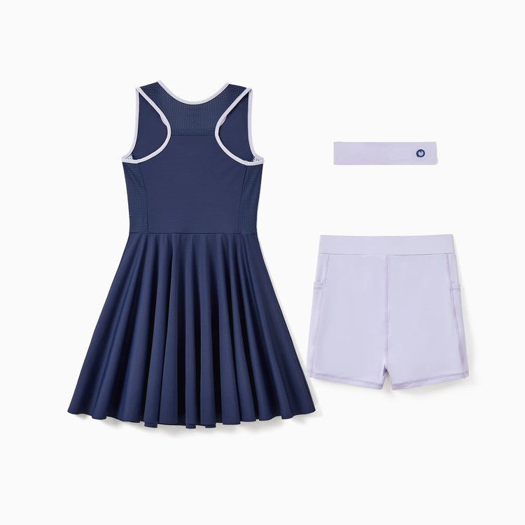 PatPat Rapidair activewear Kid Girl Tennis Dress with Headband & Bamboo Viscose Shorts with Pockets Deep Blue