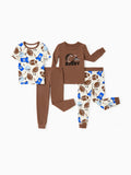 Pyjama 4 pièces en coton biologique pour tout-petits/enfants, pyjama 4 en 1 coupe ajustée pour filles/garçons, marron