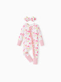 Baby long-sleeve bamboo footed onesie with two-way zipper and anti-slip grips, animal print, includes hairband, pink.