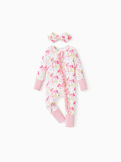 Baby long-sleeve bamboo footed onesie with two-way zipper and anti-slip grips, animal print, includes hairband, pink.