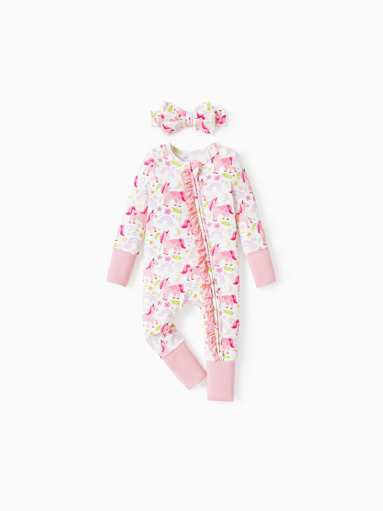 Baby long-sleeve bamboo footed onesie with two-way zipper and anti-slip grips, animal print, includes hairband, pink.