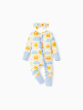 Baby long-sleeve bamboo footed onesie with two-way zipper and anti-slip grips, animal print, includes hairband, light blue.
