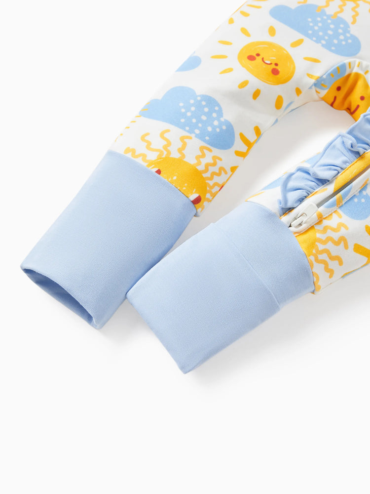 Bambus Baby Jungen/Mädchen Tier bedruckt 2-Wege-Reißverschluss Strampler Anti-Rutsch Langarmfußball mit Haarband hellblau