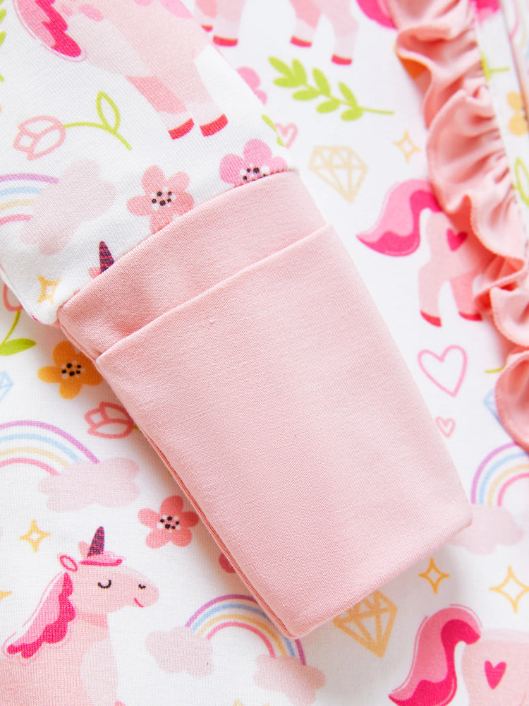 Bambus Baby Jungen/Mädchen Tier bedruckt 2-Wege-Reißverschluss Strampler Anti-Rutsch Langarmfußball mit Haarband rosa