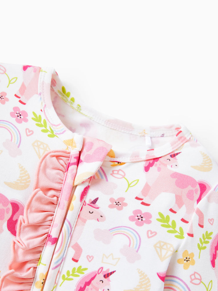 Bambus Baby Jungen/Mädchen Tier bedruckt 2-Wege-Reißverschluss Strampler Anti-Rutsch Langarmfußball mit Haarband rosa