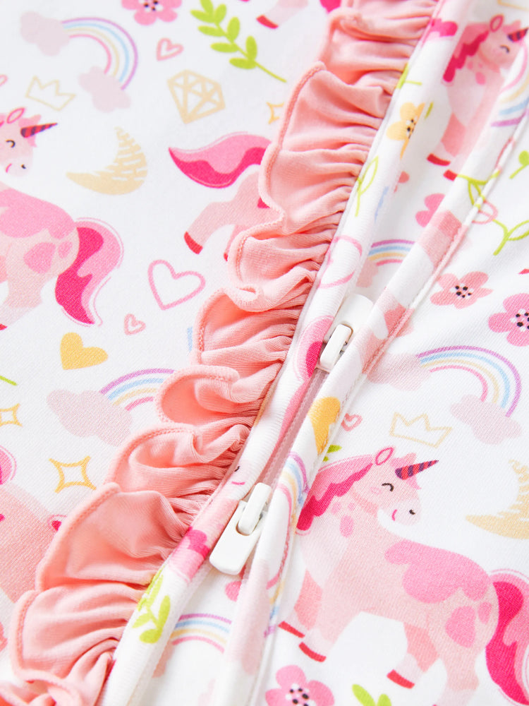 Bambus Baby Jungen/Mädchen Tier bedruckt 2-Wege-Reißverschluss Strampler Anti-Rutsch Langarmfußball mit Haarband rosa