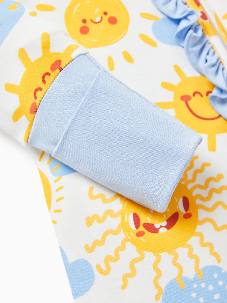 Bambus Baby Jungen/Mädchen Tier bedruckt 2-Wege-Reißverschluss Strampler Anti-Rutsch Langarmfußball mit Haarband hellblau