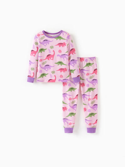 Toddler / Kids 2-piece Organic Cotton Pajamas with Childlike Print Snug fit Pjs for Girls / Boys Pink