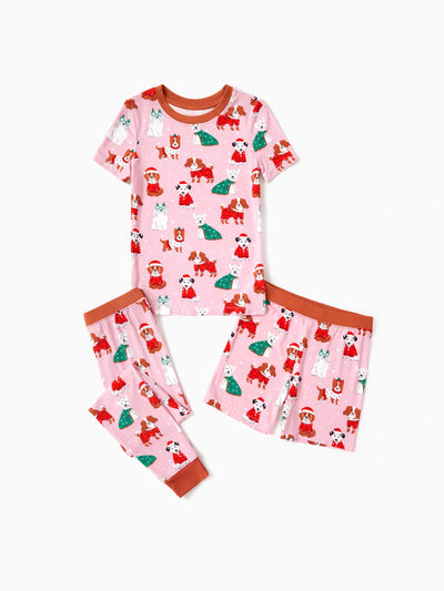 Pijama de bambú de 3 piezas para niños pequeños/niños, Navidad/Halloween, 2 en 1, para las 4 estaciones (ajustado), rosa claro