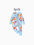 Baby long-sleeve bamboo footed onesie with two-way zipper and anti-slip grips, animal print, includes hairband, turquoise.
