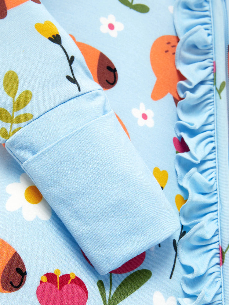 Grenouillère en bambou pour bébé garçon/fille, imprimé animal, fermeture éclair à double sens, antidérapante, manches longues, avec serre-tête, turquoise