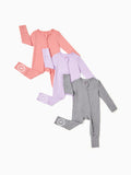 Bamboo Baby Boy / Girl 3-Pack Solid&Rainbow Printed 2-Way Zip Romper Anti Slip Long-sleeve Footie Purple