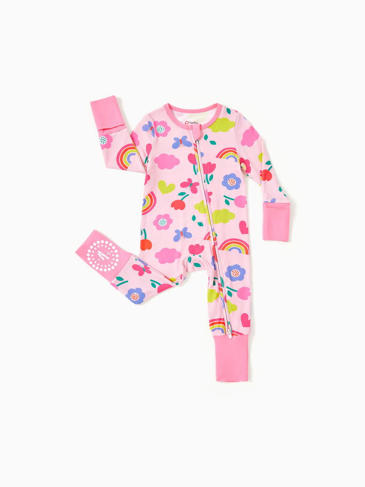 Lot de 3 grenouillères en bambou pour bébé garçon/fille, imprimées de couleurs unies et arc-en-ciel, avec fermeture éclair à double sens, antidérapantes, à manches longues et pieds roses