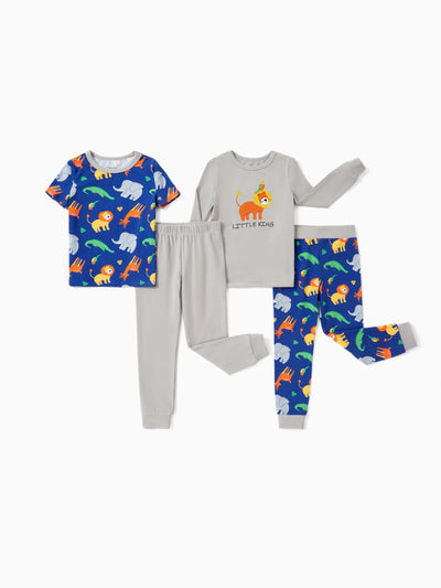 Toddler / Kids 4-piece Organic Cotton Pajamas 4-in 1 PJ Snug fit Pjs for Girls / Boys Grey