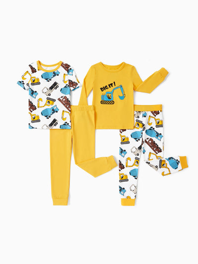 Pyjama 4 pièces en coton biologique pour tout-petits/enfants, pyjama 4 en 1 coupe ajustée pour filles/garçons, jaune