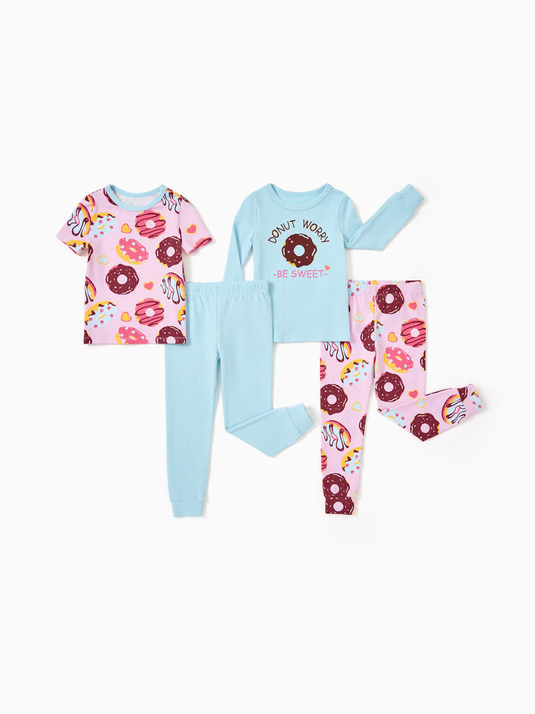 Kleinkind / Kinder 4-teiliger Pyjama aus Bio-Baumwolle 4-in-1 eng anliegendes Pajama-Set für Mädchen hellblau