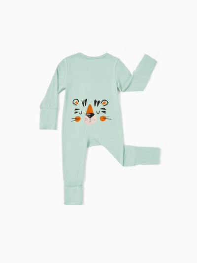 Baby bamboo footed onesie with two-way zipper, childlike animal pattern, green.