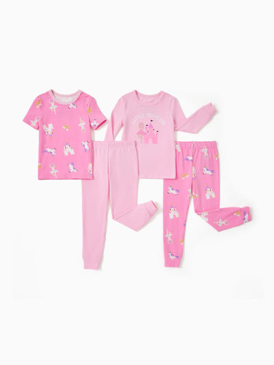 Toddler / Kids 4-piece Organic Cotton Pajamas 4-in 1 Snug fit PaJama Set for Girls Pink