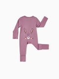 Baby bamboo footed onesie with two-way zipper, childlike animal pattern, purple.
