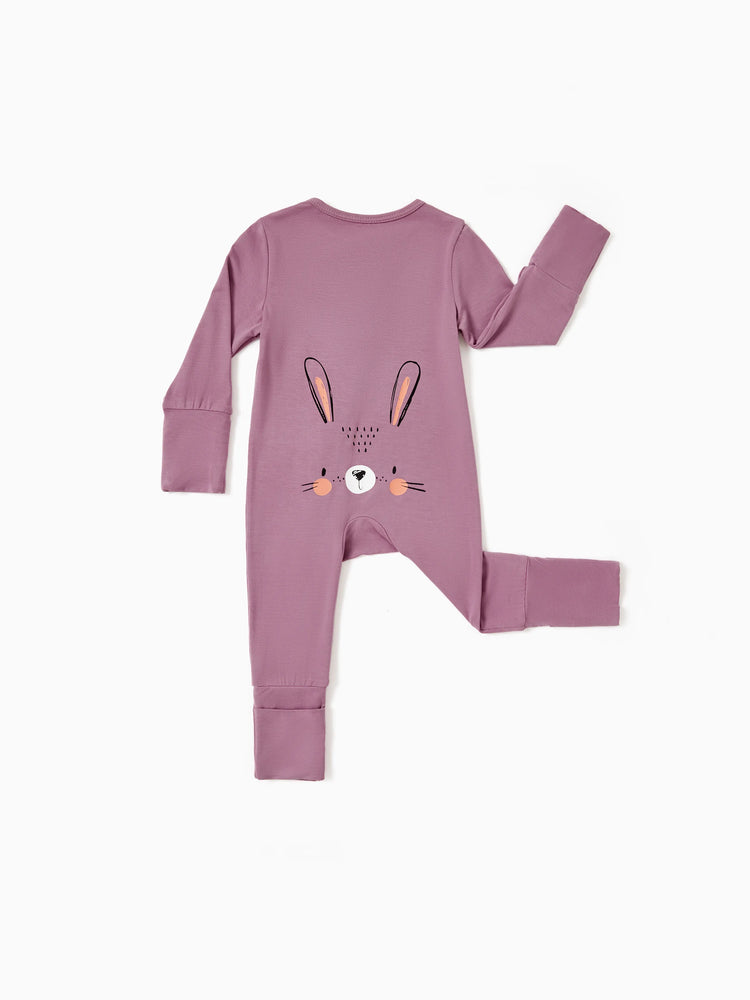 Baby bamboo footed onesie with two-way zipper, childlike animal pattern, purple.