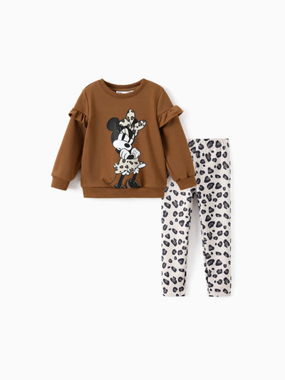 Disney Mickey and Friends Toddler/Kid Girl Minnie Mouse 2pcs Ruffled Sweatshirt and Leggings Set Coffee