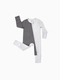 Baby color-block long-sleeve bamboo footed romper with two-way zipper and anti-slip grips, grey.