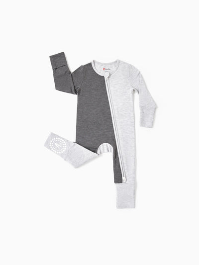 Baby color-block long-sleeve bamboo footed romper with two-way zipper and anti-slip grips, grey.