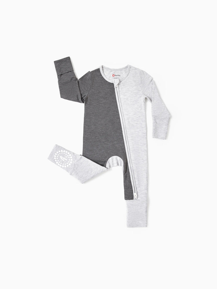 Baby color-block long-sleeve bamboo footed romper with two-way zipper and anti-slip grips, grey.