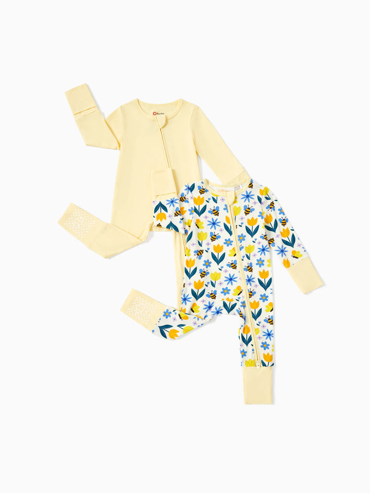 Bamboo Baby Boy/Girl 2-Pack Long Sleeve Romper 2-Way Zip Anti Slip Footie. Yellow