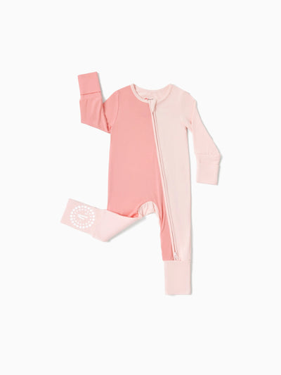 Baby color-block long-sleeve bamboo footed romper with two-way zipper and anti-slip grips, pink.
