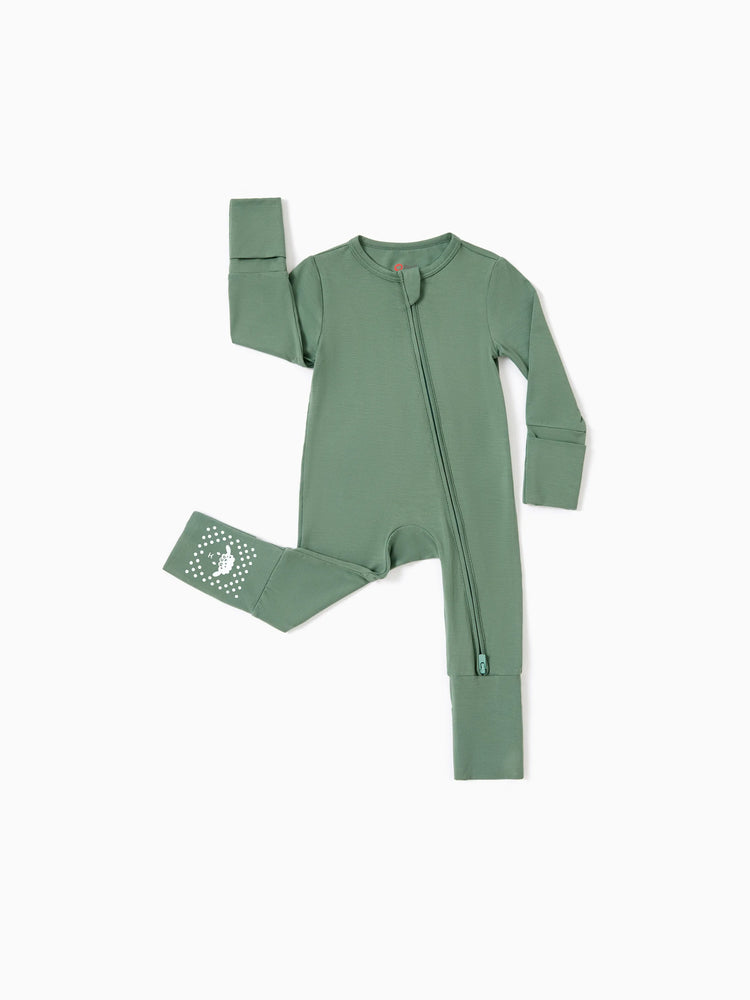 Bamboo Baby Boy/Girl 2-Pack Long Sleeve Romper 2-Way Zip Anti Slip Footie. Green