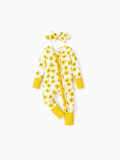 Baby long-sleeve bamboo footed onesie with two-way zipper and anti-slip grips, animal print, includes hairband, yellow.