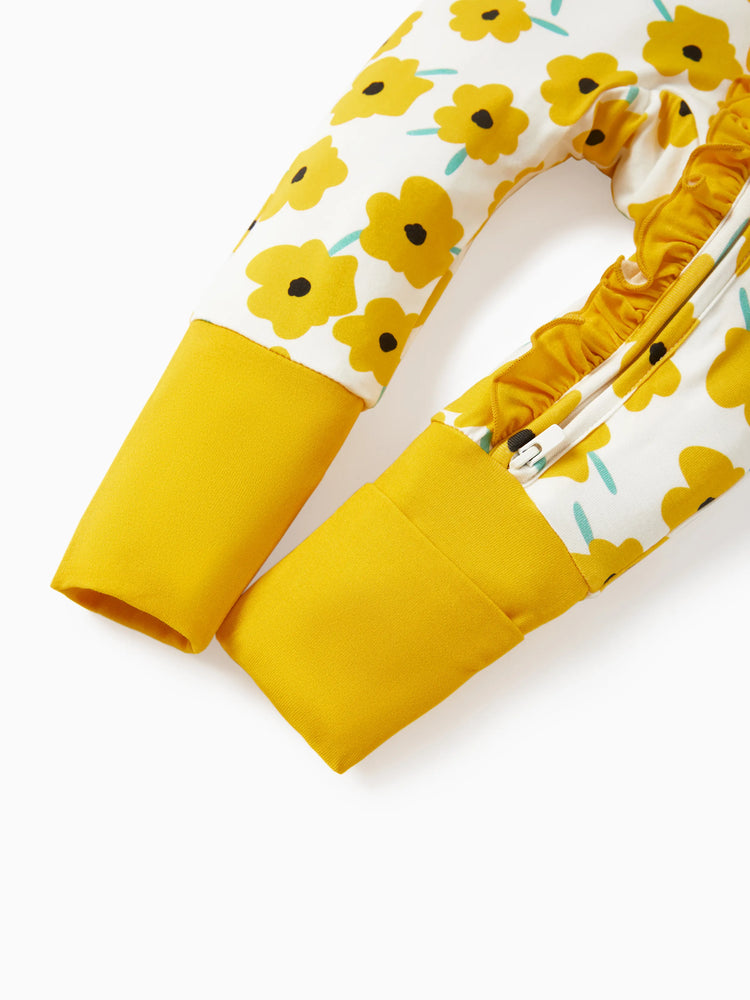 Grenouillère en bambou pour bébé garçon/fille, imprimé animal, fermeture éclair à double sens, antidérapante, manches longues, avec serre-tête, jaune