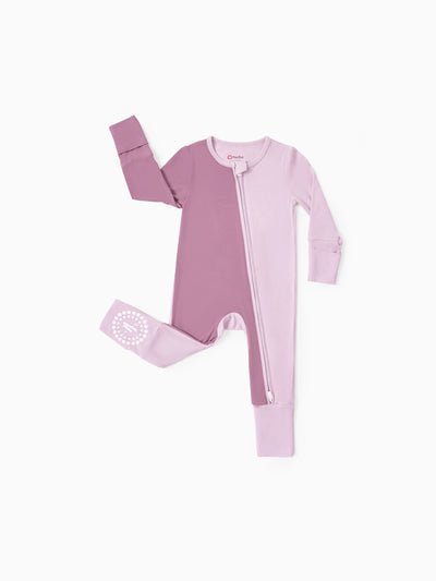 Baby color-block long-sleeve bamboo footed romper with two-way zipper and anti-slip grips, purple.