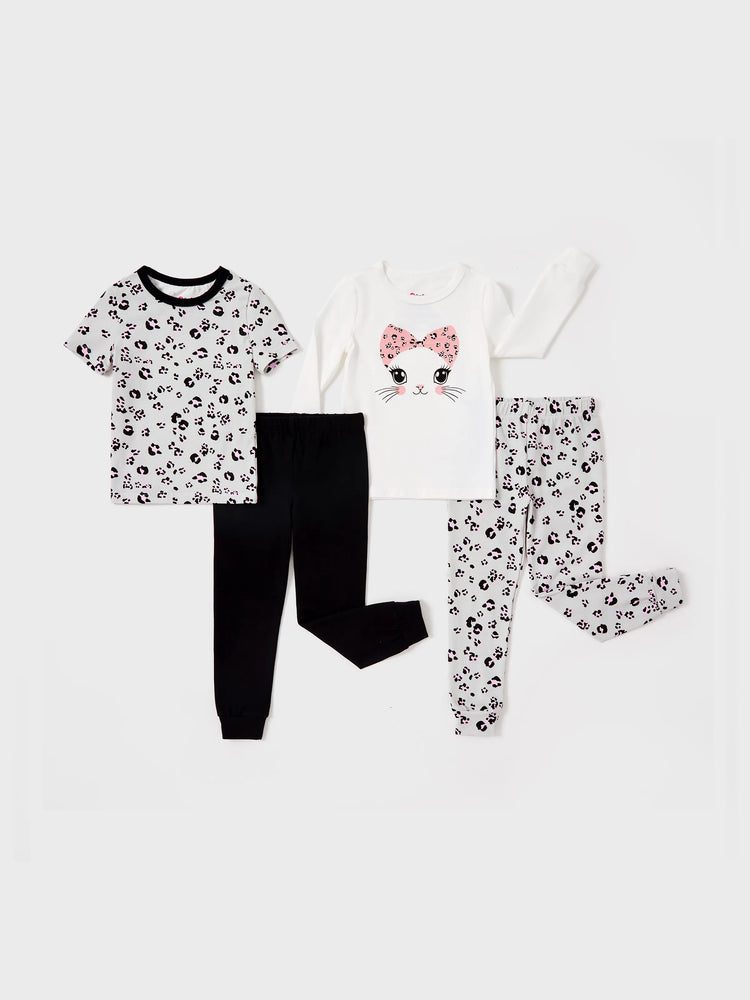 Kleinkind / Kinder 4-teiliger Pyjama aus Bio-Baumwolle 4-in-1 eng anliegendes Pajama-Set für Mädchen weiß