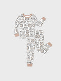 Snug-fitting two-piece bamboo pajamas with childlike animal print, khaki, baby/toddler.