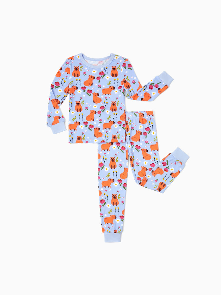 Snug-fitting two-piece bamboo pajamas with childlike animal print, blue, baby/toddler.