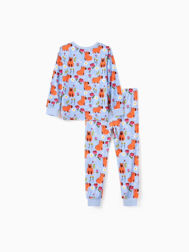 Pyjama de Noël/Halloween 2 pièces en bambou avec imprimé enfantin pour bébé/enfant (coupe ajustée) bleu