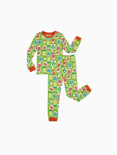 Pyjama de Noël/Halloween 2 pièces en bambou avec imprimé enfantin pour petite fille (coupe ajustée) vert