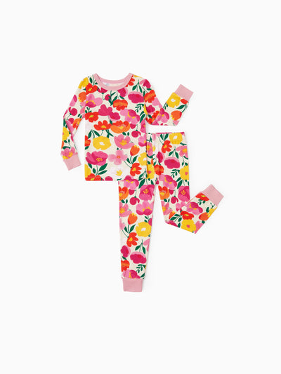 Snug-fitting two-piece bamboo pajamas with childlike floral print, pink, baby/toddler.