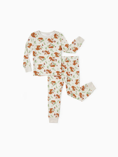 Snug-fitting two-piece bamboo pajamas with childlike animal print, apricot, baby/toddler.