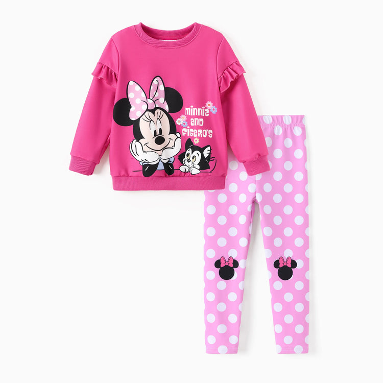 Conjunto de sudadera y leggings con volantes de 2 piezas de Minnie de Mickey y sus amigos de Disney, color rosa intenso