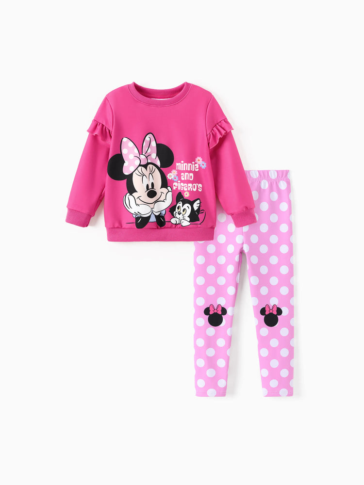 Conjunto de sudadera y leggings con volantes de 2 piezas de Minnie de Mickey y sus amigos de Disney, color rosa intenso