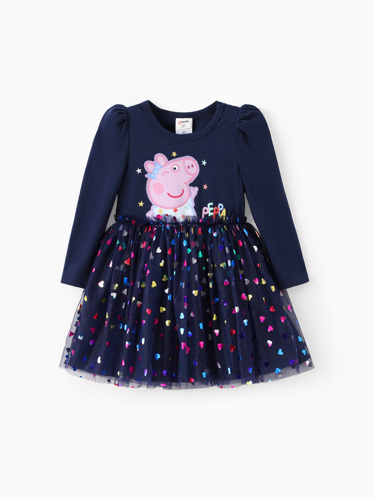 Peppa Pig Kleinkind Mädchen Peppa Muster Langärmeliges Baumwollkleid  tiefblau